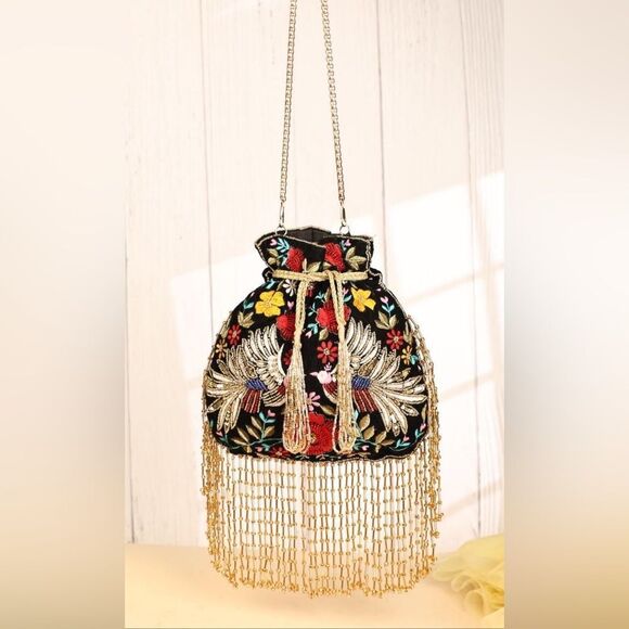 $259 MSRP - Ramla MUMBAI Hand-Embroidered Bag - BLACK, GOLD & MULTICOLOR Floral - Picture 2 of 11